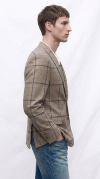 Men’s Tan Beige Peaky Blinders Glen Plaid Blazer English Style Textured Wool Winter Sport Coat Checkered Windowpane