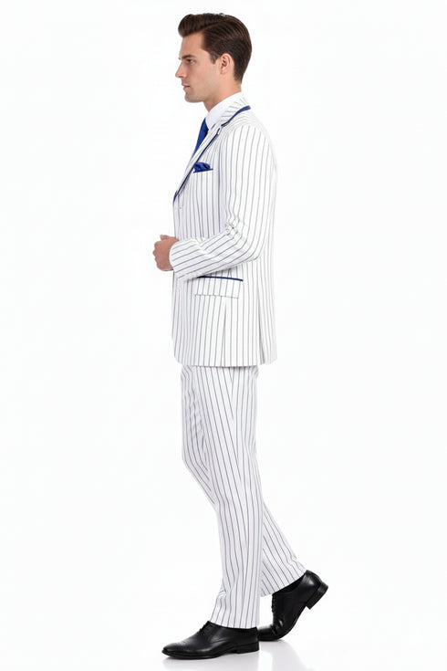 Men’s White and Royal Blue Pinstripe 3-Piece Suit – Classic Fit Blazer with Vest, Pants, and Tie