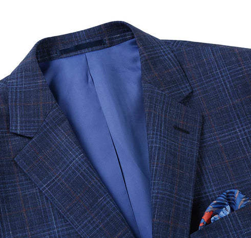 Regular Fit Wool & Linen Blue Plaid Blazer