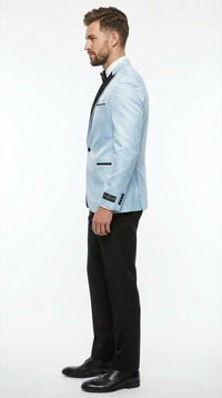 Men’s Baby Blue Tuxedo Blazer with Black Lapel – Formal Dinner Jacket for Wedding, Prom and Evening Events in Sky Light Blue Color