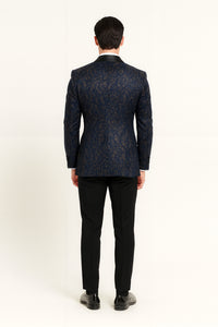 Men’s Navy Blue Sequin Tuxedo Jacket with Black Satin Shawl Lapel – Luxury Prom and Wedding Blazer