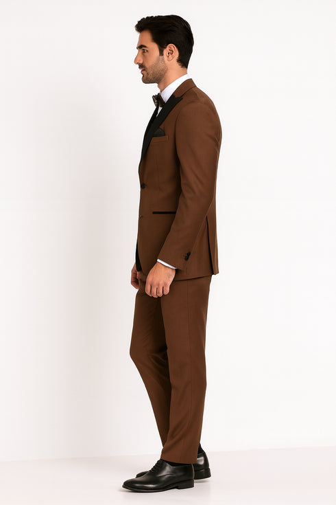Men’s Light Brown Tuxedo Suit with Black Satin Lapel – 3 Piece Formal Wedding & Prom Outfit - Country Look