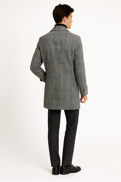 Mens Grey Plaid Double-Breasted Overcoat – Classic Wool-Blend Winter Coat