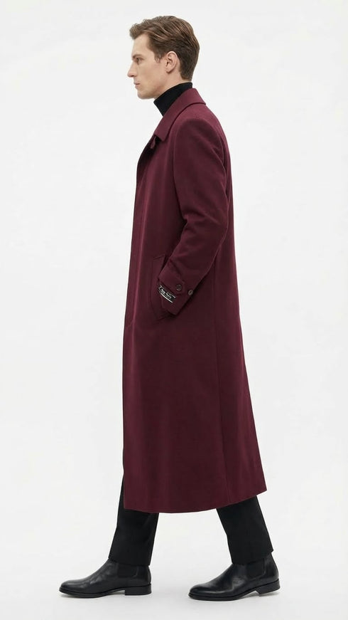 Men’s Full-Length Burgundy Overcoat – Microfiber 4 season fabric Long Formal Coat with Classic Tailored Maxi Duster Coat