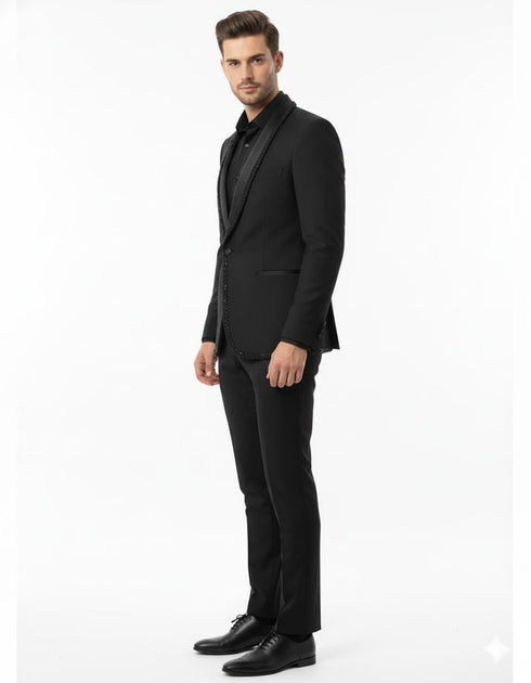 Mens Classic Black Designer Blazer with Beaded Lapel – Elegant Formal and Party Wear Dinner Jacket For Groom