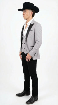 Men’s Light Gray Cowboy Tuxedo with Black Satin Lapel – Western Formal Suit with Double Breasted Vest