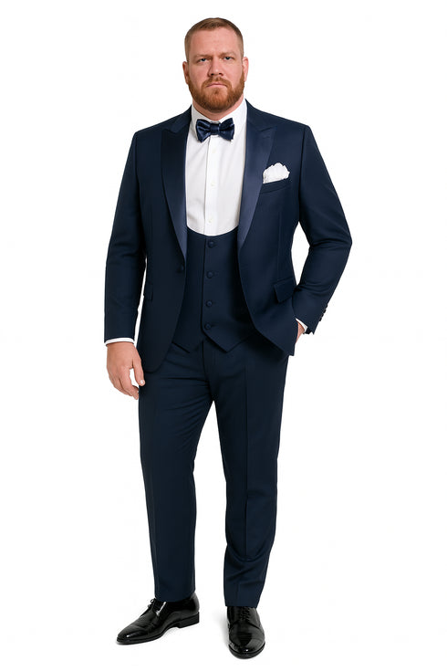 Men’s Navy Blue Tuxedo with Satin Peak Lapel with navy sateen – 3 Piece Formal Suit with Vest and Bow Tie