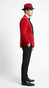 Men’s Red Velvet Fabric Rhinestone Blazer with Matching Red and Black Hat – Christmas New Year Holiday Party Jacket Set