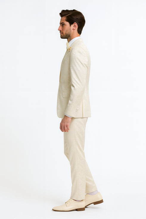 Men’s Champaign Ivory Jacquard Paisley Tuxedo Suit with Satin Shawl Lapel – Elegant Wedding and Prom Outfit By Rossiman