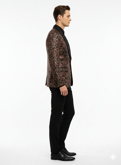 Men’s Black Shiny Designer Blazer with Red and Gold Pattern – Luxury Party & Wedding Jacket