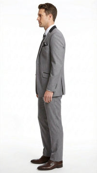 Men’s Light Gray Three Piece Suit with Black Chesterfield Collar – Classic Formal Wedding and Business Suit Set 1920s Vintage