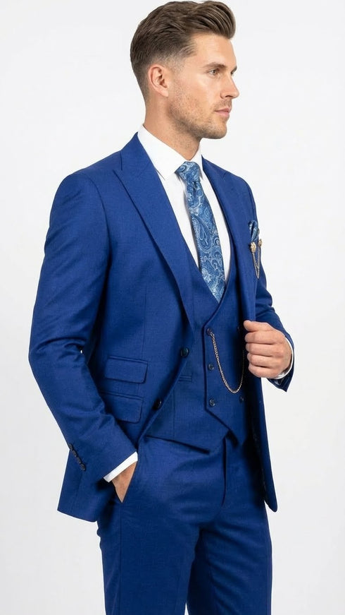 Men’s Royal Blue 3 Piece Suit Set with Vest – Formal Wedding and Party Wear Suit - Saphire Cobalt blue