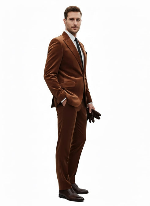 Mens Brown Velvet 2-Piece Suit – Luxury Slim Fit Formal Blazer and Pants Set in Rust Copper Color