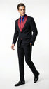 Men’s Black Suit with Burgundy Shawl Lapel – Formal Tuxedo Suit for Wedding, Prom and Evening Events + Bowtie & Tie