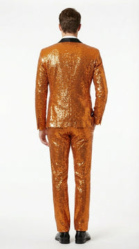 Mens Orange Sequin Tuxedo Suit – Shiny Wedding Suit Set with Black Lapel for Prom, Party, Gala and Formal Evening Wear - Goldish Orange