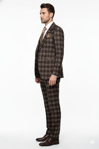 Men’s Brown Plaid Windowpane Three-Piece Suit Set – Classic Slim Fit Jacket, Double-Breasted Vest and Modern Fit Pants By Rossiman