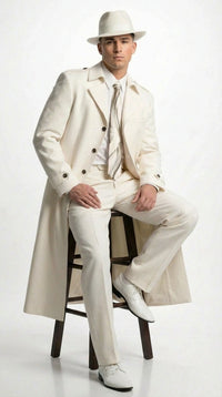 Men’s Ivory Cream Off White Full Length Zoot Suit – Vintage Gangster Style Long Coat Formal Suit