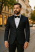 Mens Navy Black Glitter Floral Tuxedo Dinner Jacket with Satin Lapel- Blue Blazer Sequin Fabric