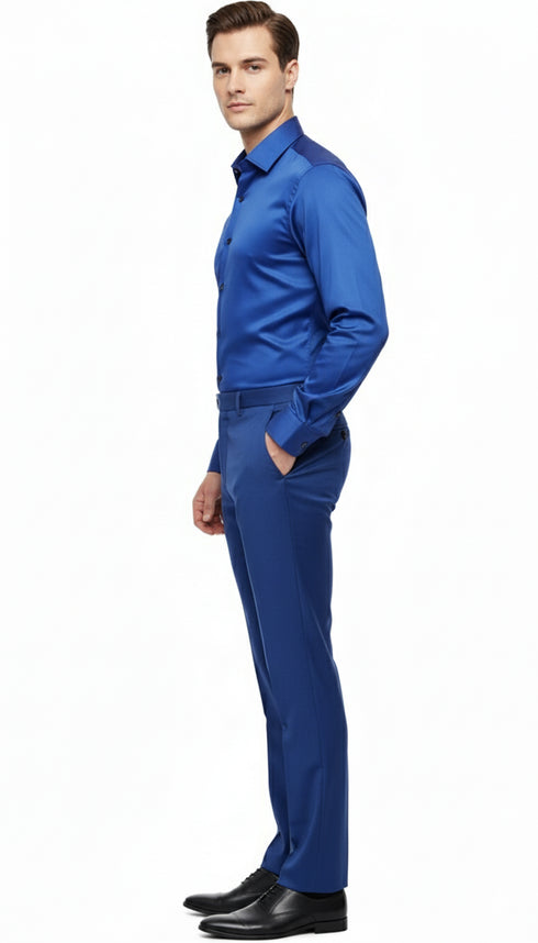 Men’s Royal Blue Satin Dress Shirt – Luxury Long Sleeve Formal Shirt for Parties, Weddings, and Business Wear
