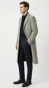 Men’s Grey Herringbone Long Overcoat – Tweed Black and White Pattern Wool Topcoat Three Qaurter