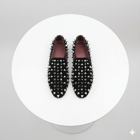 Men’s Black Studded Loafers with Silver Spikes – Luxury Slip-On Dress Shoes for Parties and Formal Events