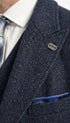 Men’s Navy Blue Herringbone Tweed 1920s 3 Piece Suit with Overcoat – Vintage Peaky Blinder Style Formal Suit Set with Blazer, Waistcoat + Overcoat + Hat