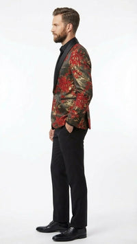 Men’s Red and Gold Floral Pattern Paisley Shawl Lapel | Luxury Evening and Party Wear Jacket Prom Christmas New Year Blazer