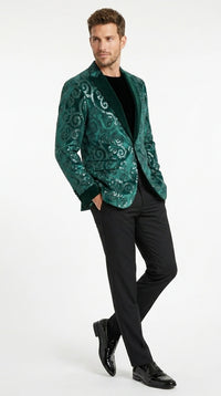 Men’s Emerald Green Paisley Tuxedo Dinner Jacket with Black Lapel, Formal Prom Wedding Party Blazer