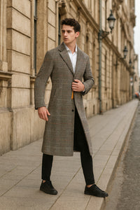 Men’s Full length Long Plaid Overcoat – Classic Checkered Wool Blend Winter Coat in Gray Color Checkered