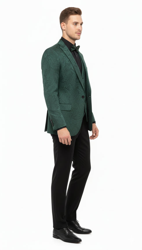 Men’s Emerald Green Paisley Tuxedo 3-Piece Suit – Slim Fit Formal Blazer, Vest, and Pants for Weddings, Proms