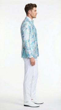 Men’s Light Blue Floral Jacquard Tuxedo Jacket with Matching Bow Tie | Formal Prom Wedding Blazer + Bowtie Turqoise Aqua Color