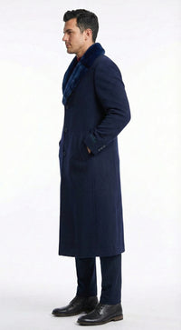 Men’s Dark Navy Blue Long Overcoat with Faux Fur Collar, Classic Winter Dress Coat for Formal