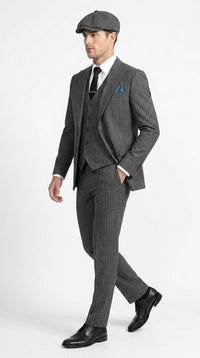 Men’s Thomas Shelby Peaky Blinders Gray Wool Suit Out fit Charcoal Grey Pinstripe 3-Piece Vintage 1920s Suit
