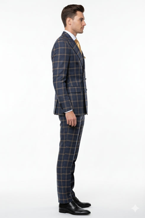 Men’s Navy and Tan Windowpane Double-Breasted Suit | Classic 2-Piece Plaid Dress Suit, Business, and Formal Events By Rossiman