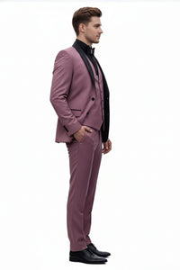 Men's Rose Pink Tuxedo Suit – Luxury Three-Piece Formal Wear with Black Satin Lapel Dusty Mauve Color