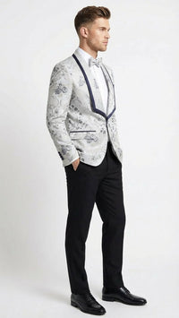 Men’s White and Navy Blue Lapel Floral Jacquard Blazer with Contrast Shawl Lapel – Luxury Wedding and Party Wear Jacket paisley Tuxedo Navy Pants