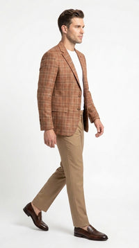 Vitali Men’s Rust Copper Brown Plaid Blazer with Tan Pants – Classic Windowpane, Business and Smart-Casual Birck color Suit