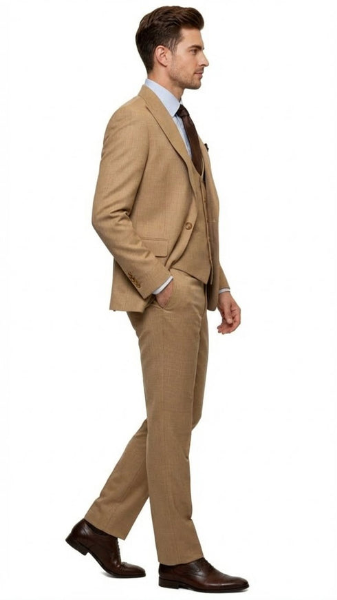 Men's Tan Three-Piece Suit with Vest – Classic Tailored Fit in camel khaki Bronze color By Rossiman