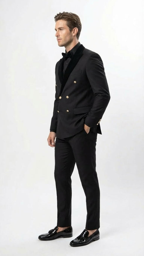 Men’s Black Double Breasted Tuxedo Suit – Luxury Formal Dinner Jacket Gold Buttons Velvet Lapel