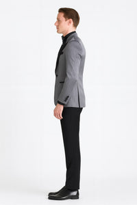 Silver Metallic Tuxedo Suit with Black Satin Peak Lapel – Mens Slim Fit Formal Wedding and Prom Attire in Charcoal Grey With Pants