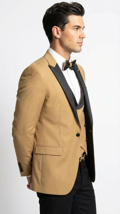 Men's Dark Camel Tan Khaki and Black Great Gatsby Tuxedo Suit – Vintage 1920s Formal Wedding, Party and Event Wear