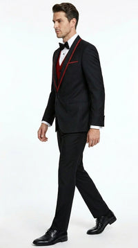 Statement Men's Black with Red Lapel Vested 100% Wool Tuxedo