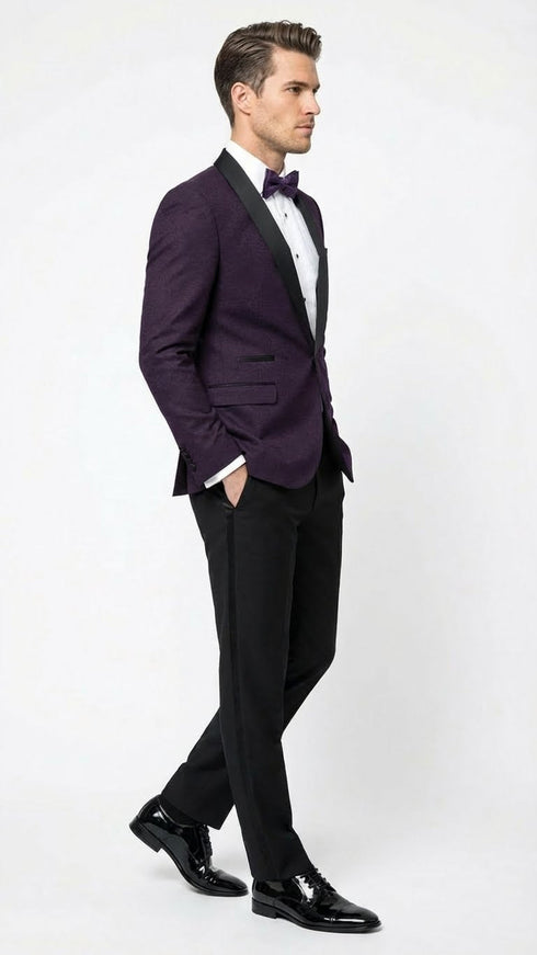 Men’s Eggplant Plum Purple Tuxedo Blazer with Satin Lapel, White Tuxedo Shirt and Matching Purple Bow Tie - Slim Fitted - Prom wedding Suit With Pants