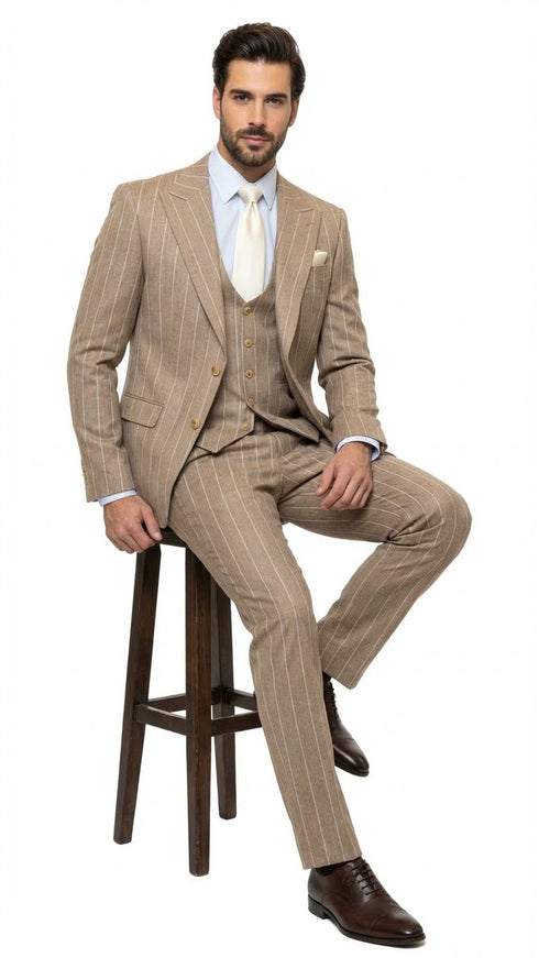 Men's Beige Pinstripe Three-Piece Vested Suit – Tailored Fit Business Attire in Tan Stripe by Rossiman