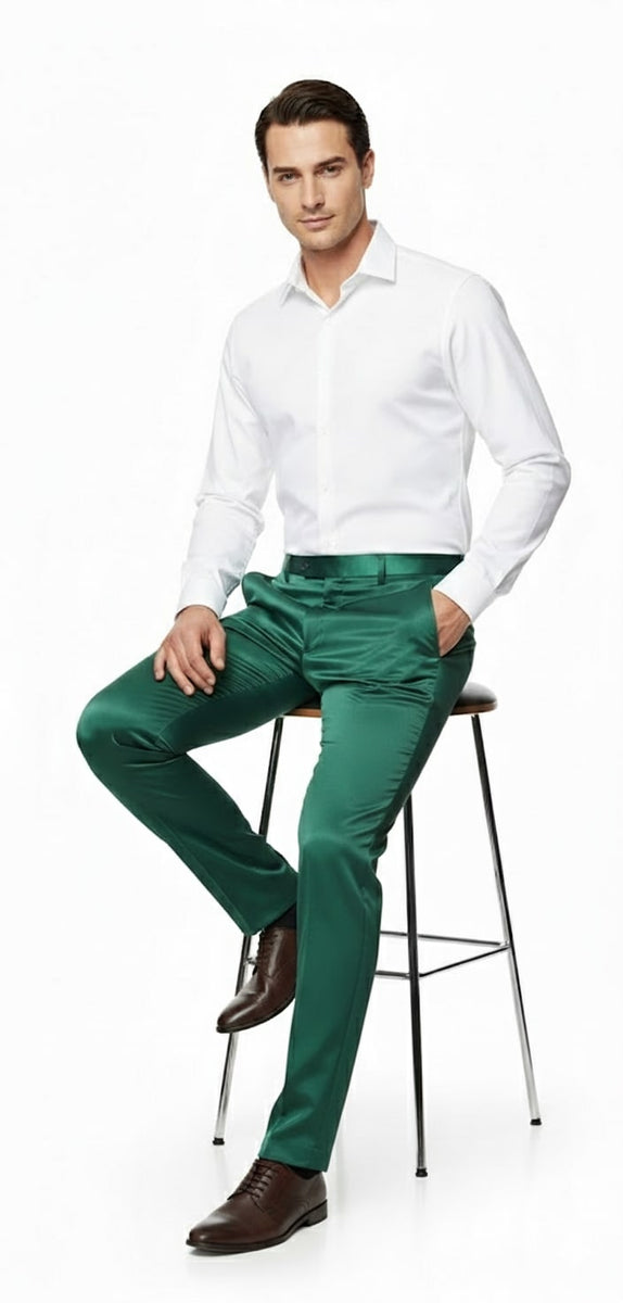Mens Emerald Green Satin Slim Fit Dress Pants – Shiny Formal Party and