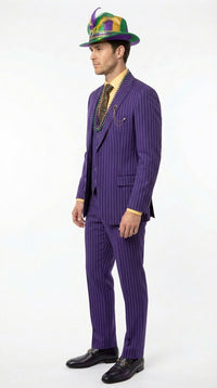 Men’s Purple Pinstripe Mardi Gras Suit | Three Piece Carnival Formal Suit with Vest