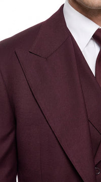 Tiglio Rosso Men’s Burgundy Wool Suit – Classic Fit Big Lapel Suit with Wide Leg Pleated Pants & Side Vents