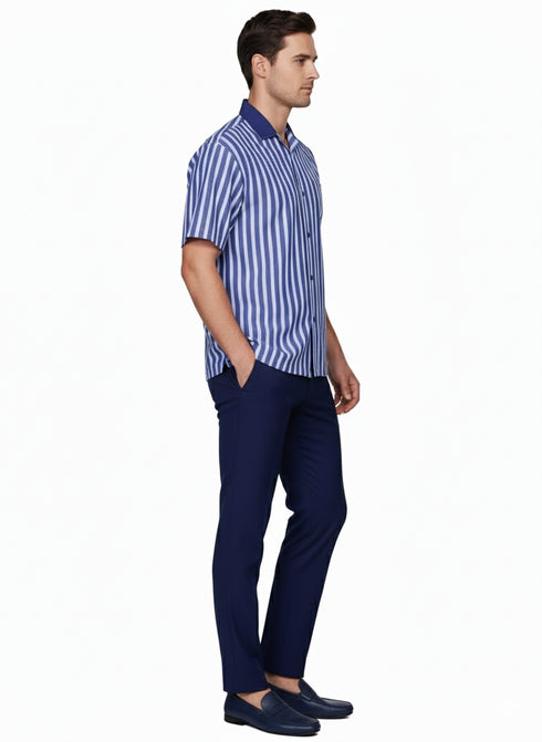 Men’s Blue and White Vertical Stripe Short Sleeve Shirt Set – Casual Summer Two-Piece Outfit