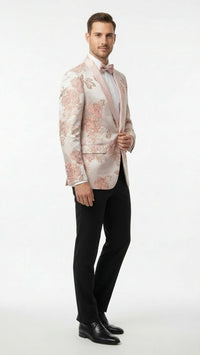 Men’s Pink Blush Floral Jacquard Blazer with Embellished Shawl Lapel – Luxury Party and Wedding Wear Jacket