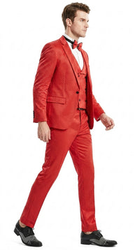 Tazio Men’s Cherry Red and Black Polka-Dot 3-Piece Suit – Skinny Fit Prom, Wedding and Party Suit or Tuxedo